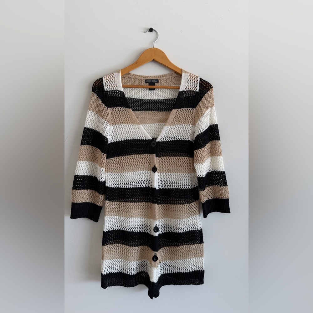 LaurenMichelle Women M Cardigan Striped Boho Lightweight Beach Festival Neutral